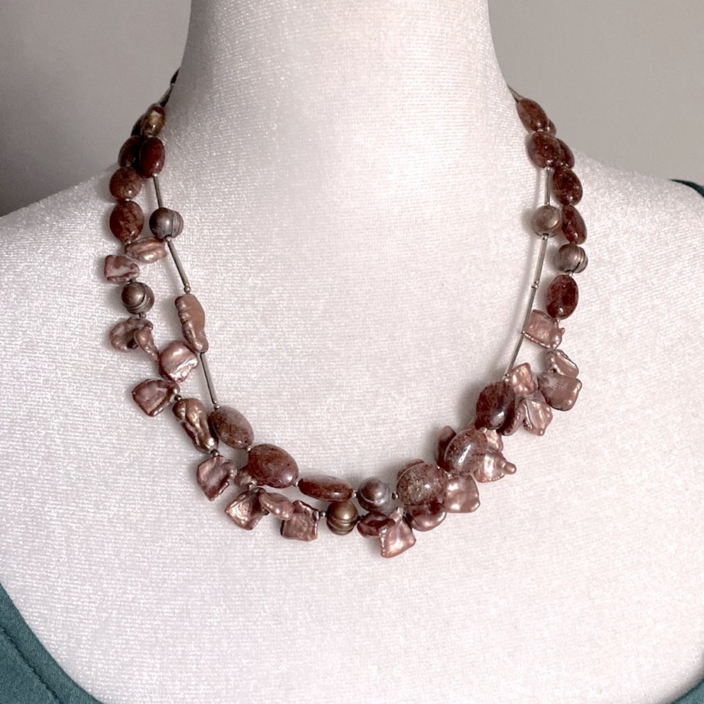 Vintage Artisan Keshi Pearl Floral Style Gemstone Bead Double Strand Necklace